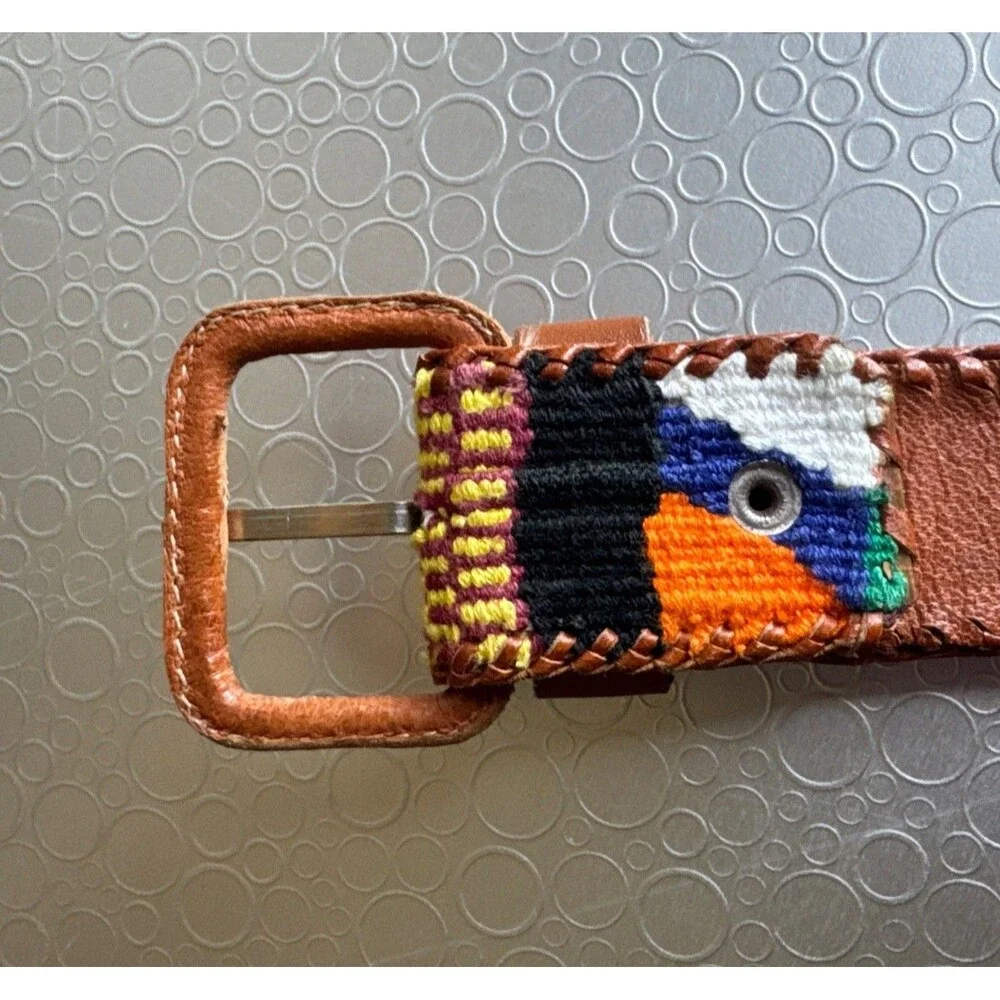 Vintage Handmade Guatemala Woven Belt 32 Cotton Leather Aztec Folk Art Southwest